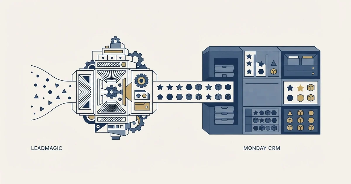 Editorial illustration for LeadMagic vs Monday CRM