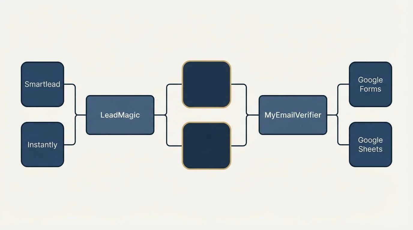 Integration schematic: Integration Ecosystem (LeadMagic, MyEmailVerifier, Smartlead, Google Forms)