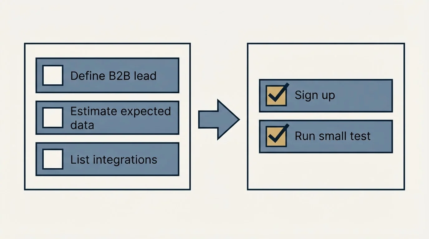 Before-and-after steps: Getting Started Checklist (Define B2B lead, Estimate expected data, List integrations, Sign up)