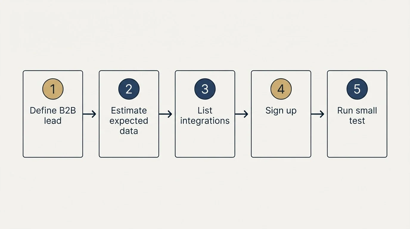 Step sequence: Getting Started Checklist (Define B2B lead, Estimate expected data, List integrations, Sign up)