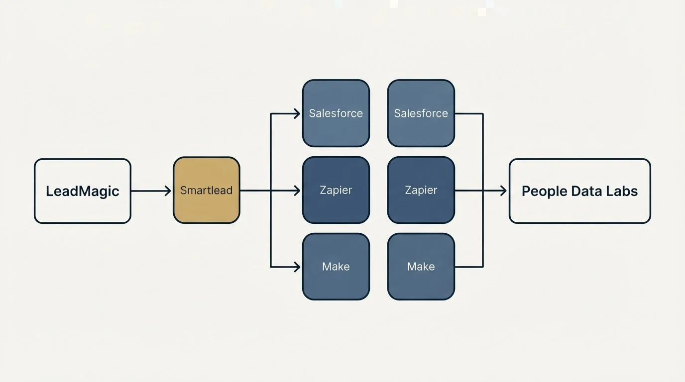 Integration flow: Integration Ecosystem (LeadMagic, People Data Labs, Salesforce, Zapier)