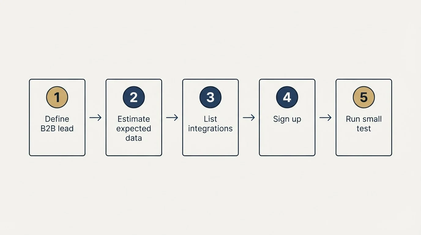 Step sequence: Getting Started Checklist (Define B2B lead, Estimate expected data, List integrations, Sign up)