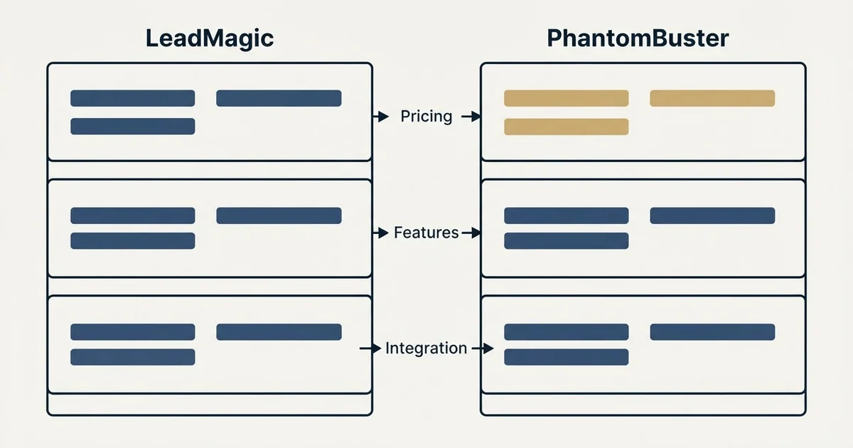 Comparison panel: LeadMagic vs PhantomBuster (Pricing, Features, Integration)