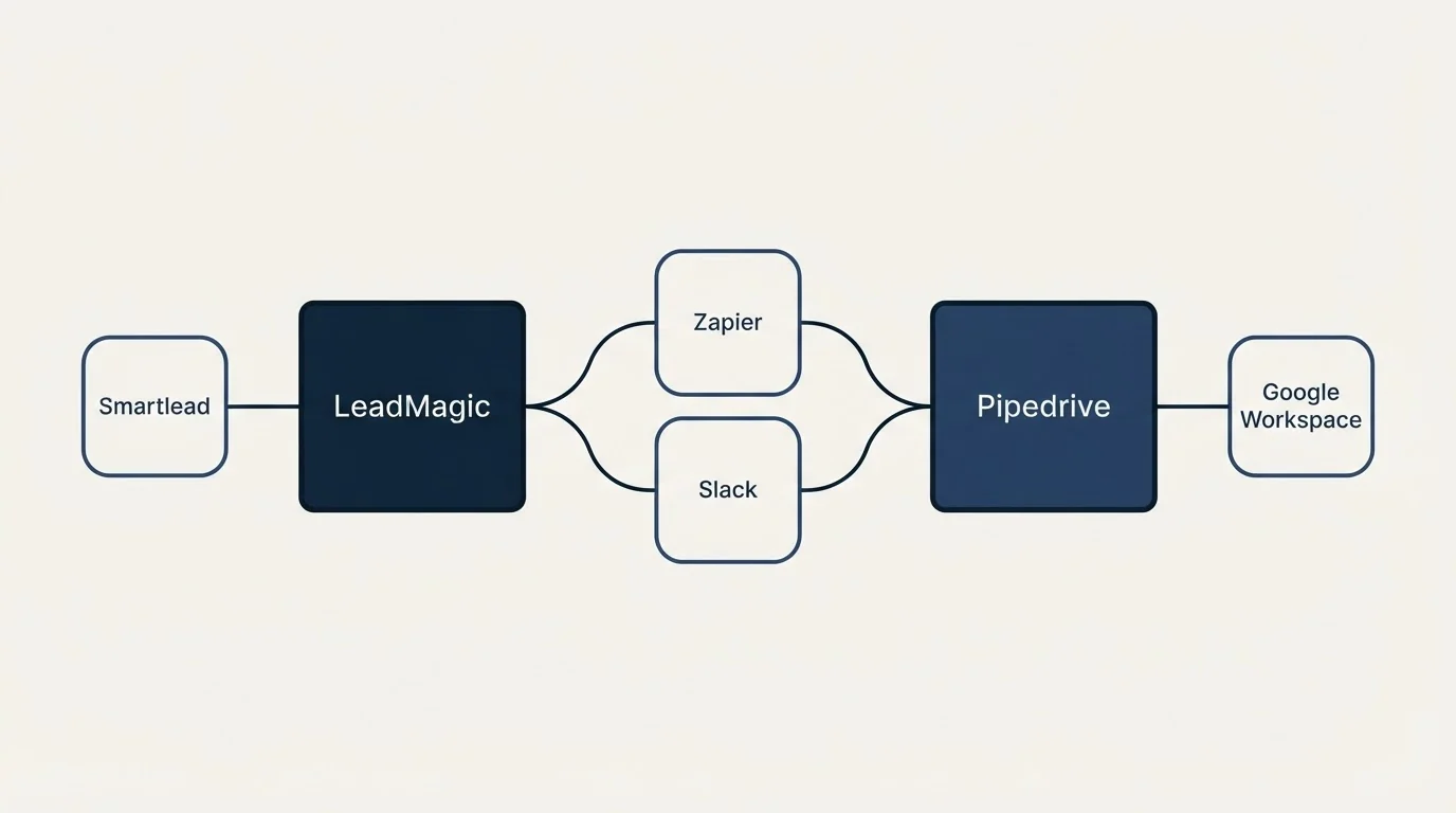 Integration schematic: Integration Ecosystem (LeadMagic, Pipedrive, Zapier, Slack)