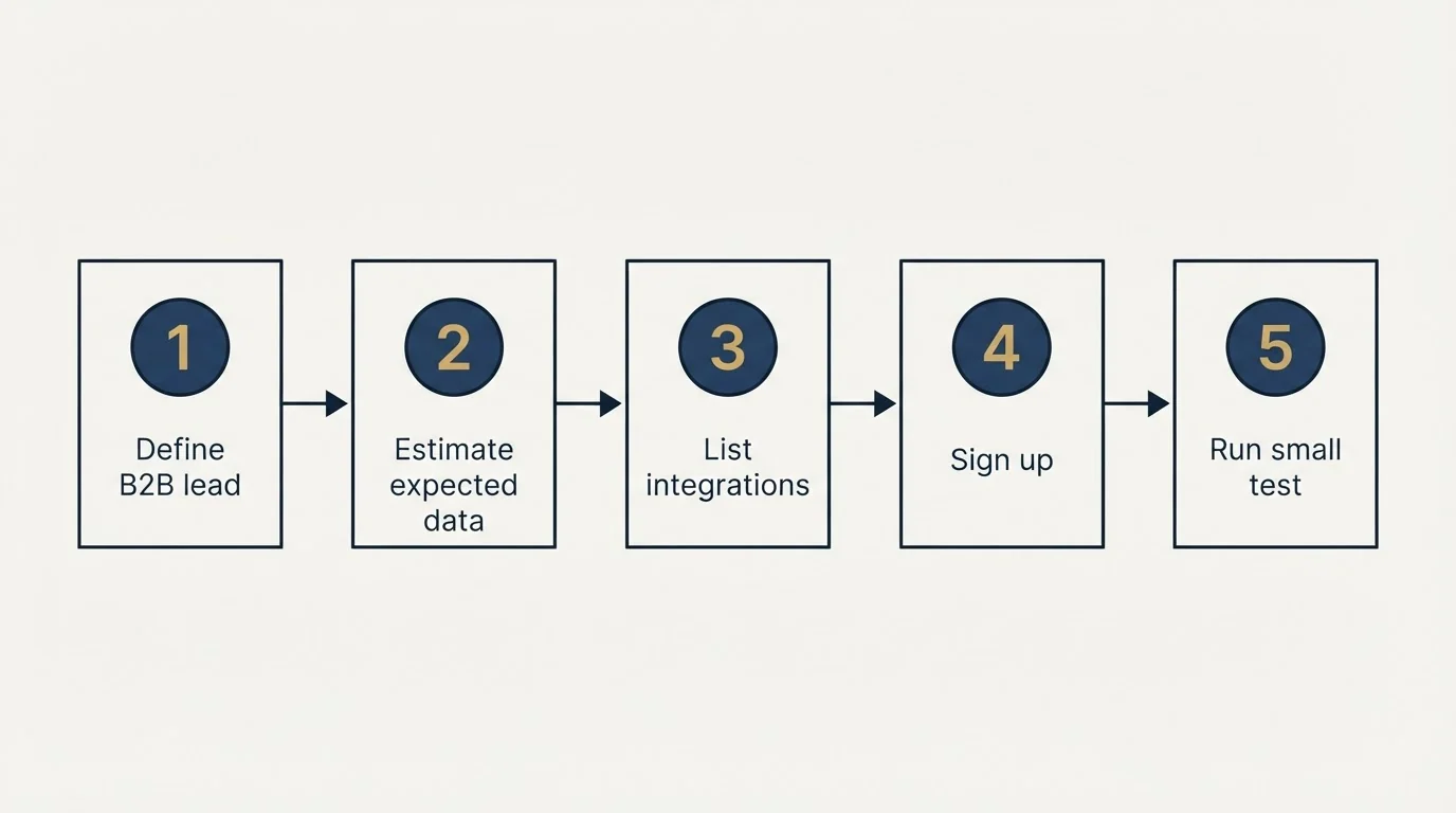 Step sequence: Getting Started Checklist (Define B2B lead, Estimate expected data, List integrations, Sign up)