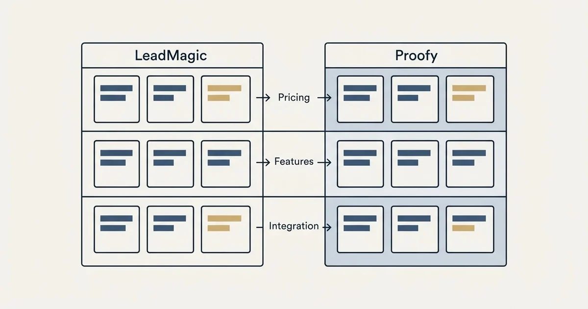 Comparison panel: LeadMagic vs Proofy (Pricing, Features, Integration)