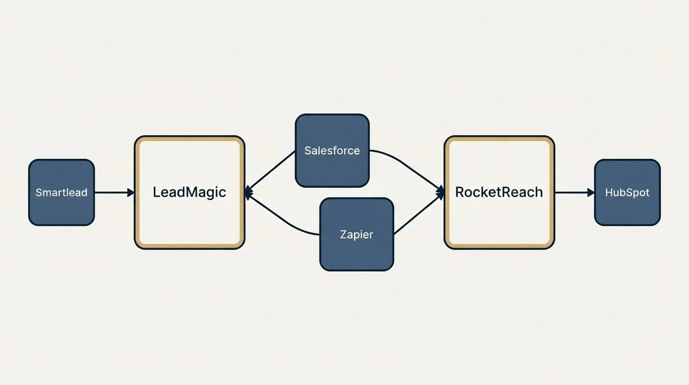 Integration schematic: Integration Ecosystem (LeadMagic, RocketReach, Salesforce, Zapier)