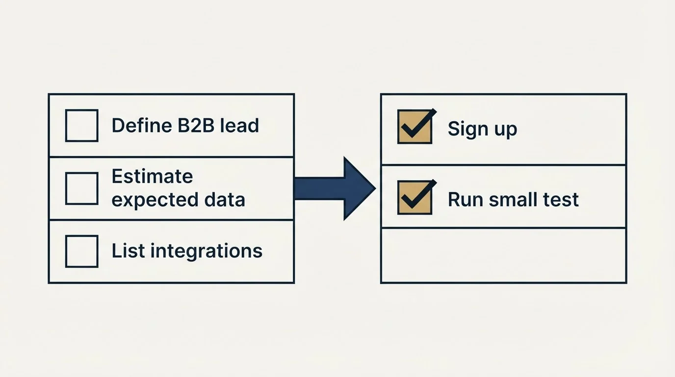 Before-and-after steps: Getting Started Checklist (Define B2B lead, Estimate expected data, List integrations, Sign up)