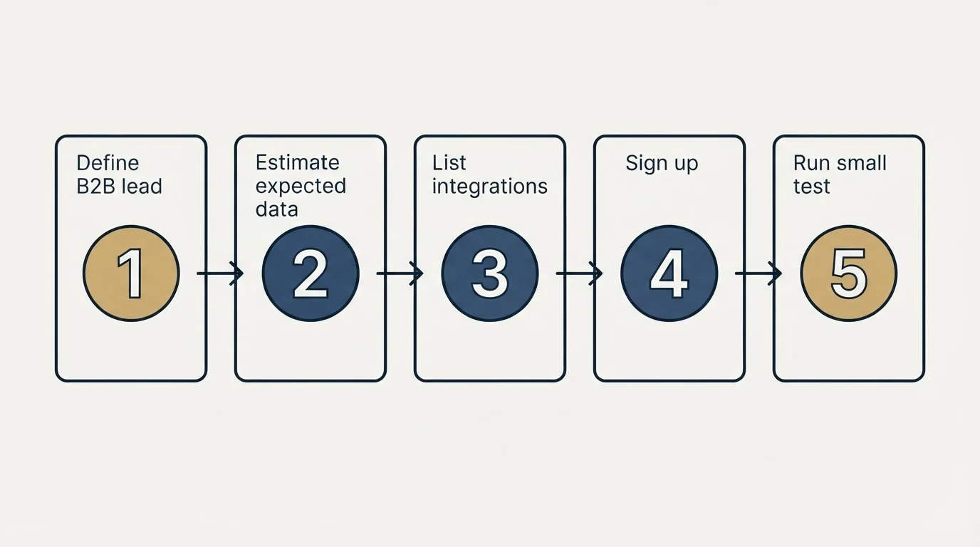 Step sequence: Getting Started Checklist (Define B2B lead, Estimate expected data, List integrations, Sign up)