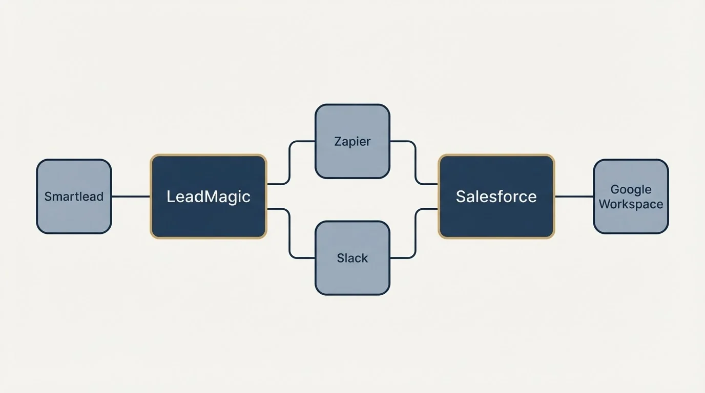 Integration schematic: Integration Ecosystem (LeadMagic, Salesforce, Zapier, Slack)