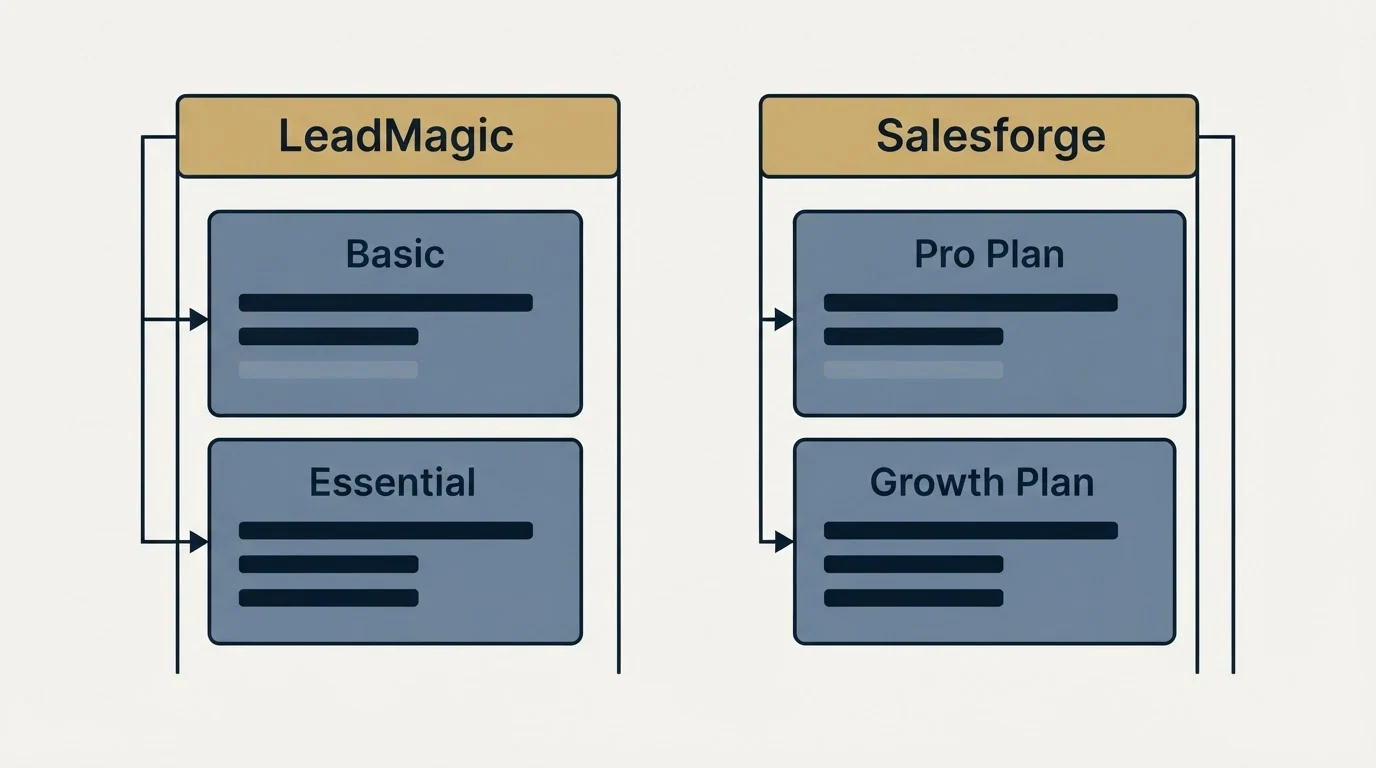 Pricing panels: Pricing Comparison (LeadMagic, Salesforge, Basic, Pro Plan)
