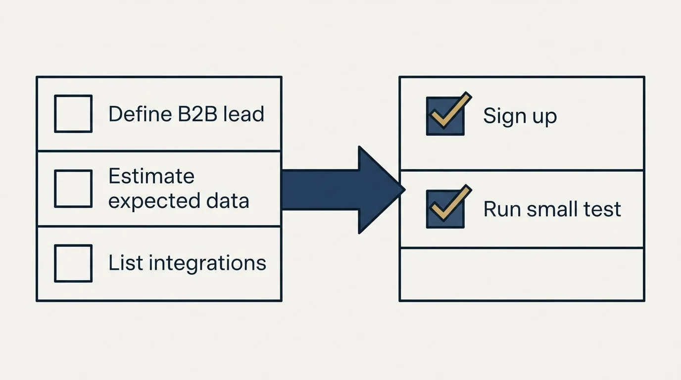 Before-and-after steps: Getting Started Checklist (Define B2B lead, Estimate expected data, List integrations, Sign up)