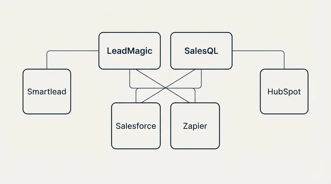 Integration grid: Integration Ecosystem (LeadMagic, SalesQL, Salesforce, Zapier)