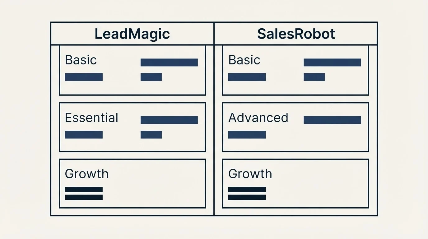 Pricing table: Pricing Comparison (LeadMagic, SalesRobot, Basic, Essential)