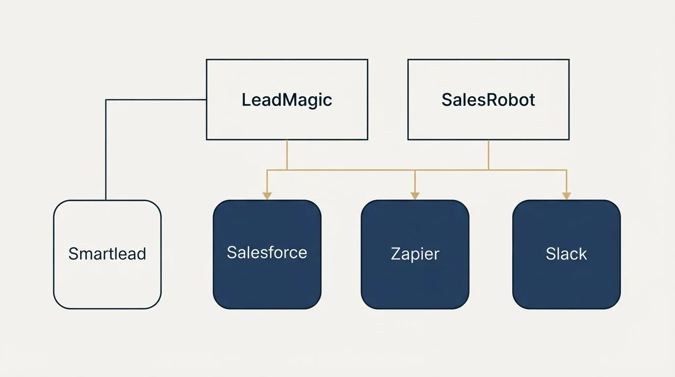 Integration grid: Integration Ecosystem (LeadMagic, SalesRobot, Salesforce, Zapier)
