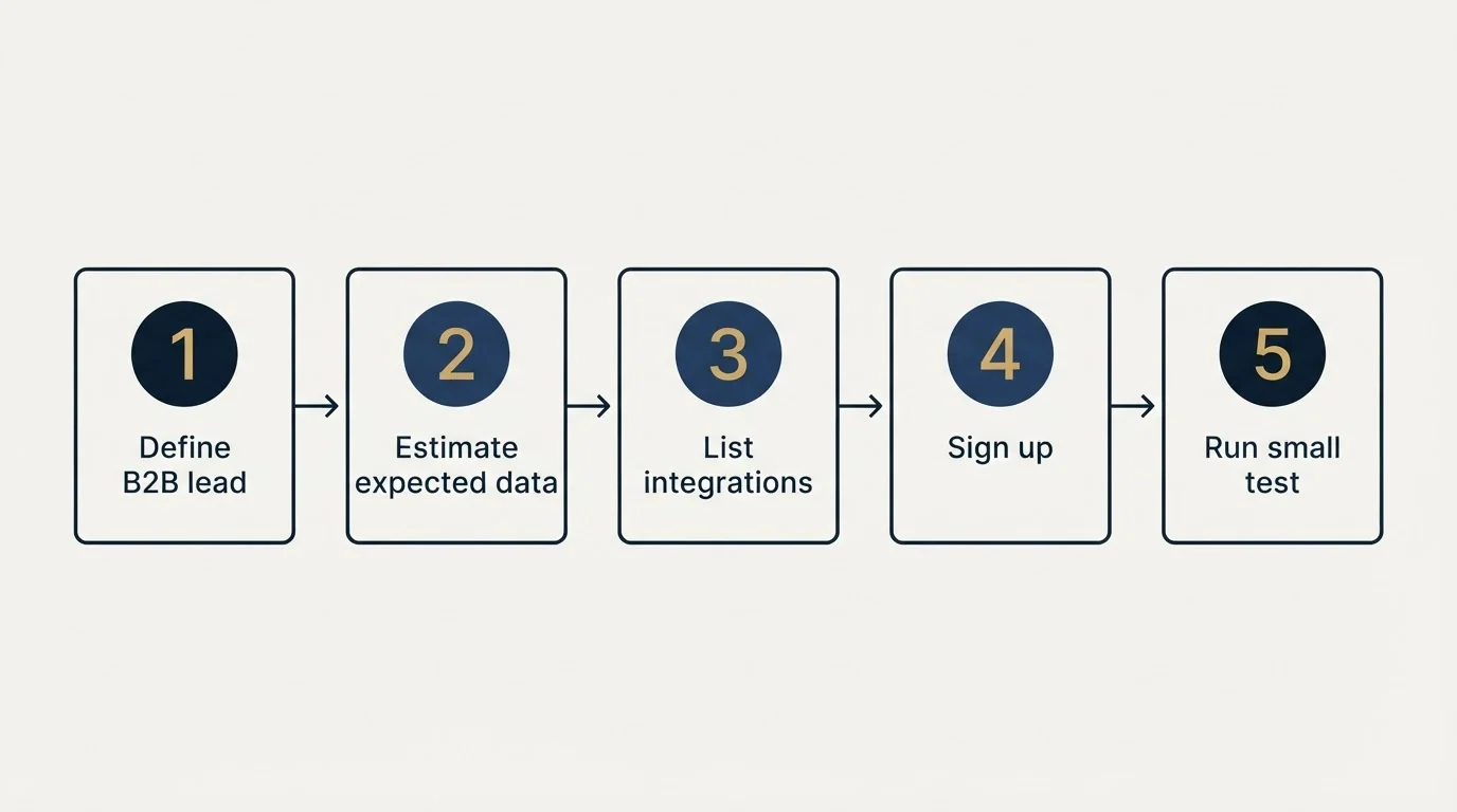 Step sequence: Getting Started Checklist (Define B2B lead, Estimate expected data, List integrations, Sign up)