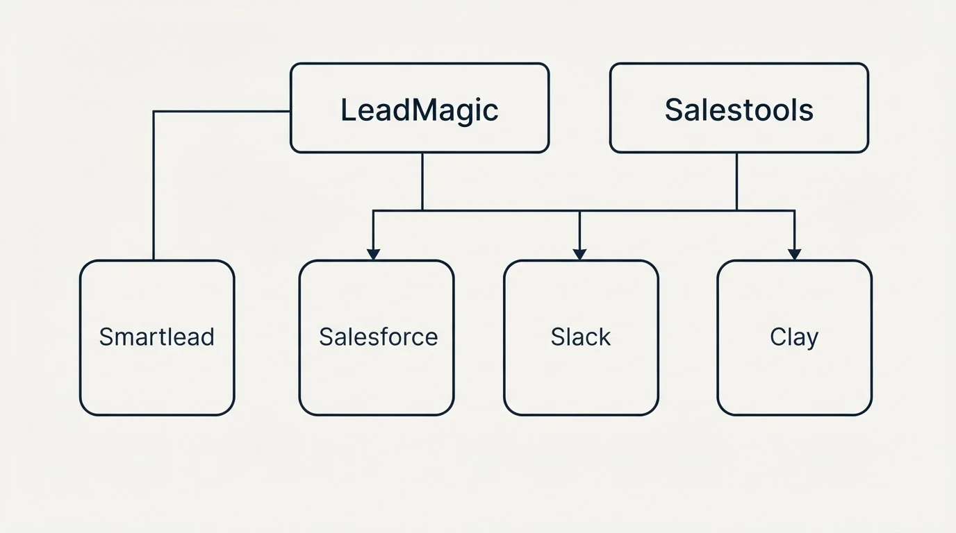 Integration grid: Integration Ecosystem (LeadMagic, Salestools, Salesforce, Slack)