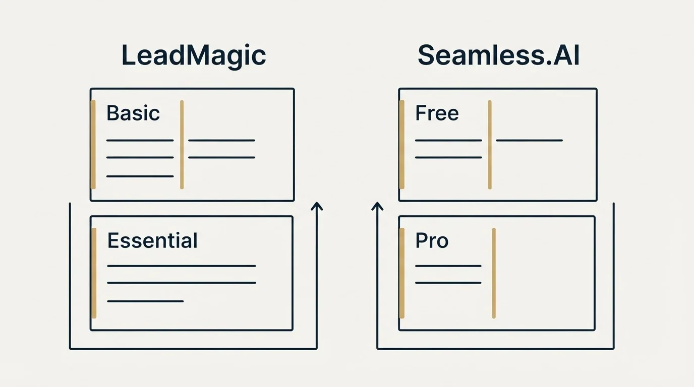Pricing panels: Pricing Comparison (LeadMagic, Seamless.AI, Basic, Free)