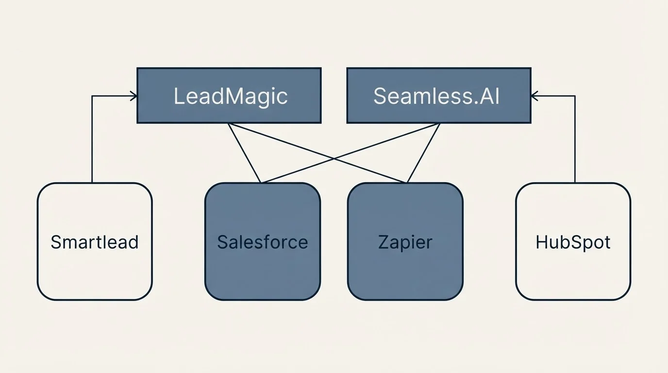 Integration grid: Integration Ecosystem (LeadMagic, Seamless.AI, Salesforce, Zapier)