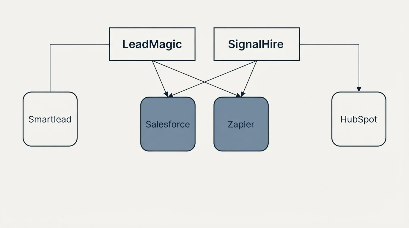 Integration grid: Integration Ecosystem (LeadMagic, SignalHire, Salesforce, Zapier)