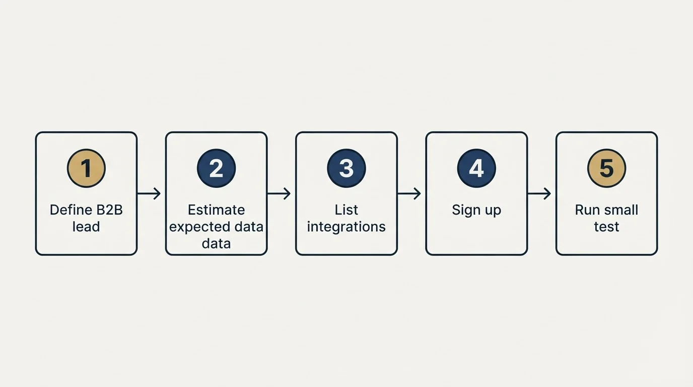 Step sequence: Getting Started Checklist (Define B2B lead, Estimate expected data, List integrations, Sign up)