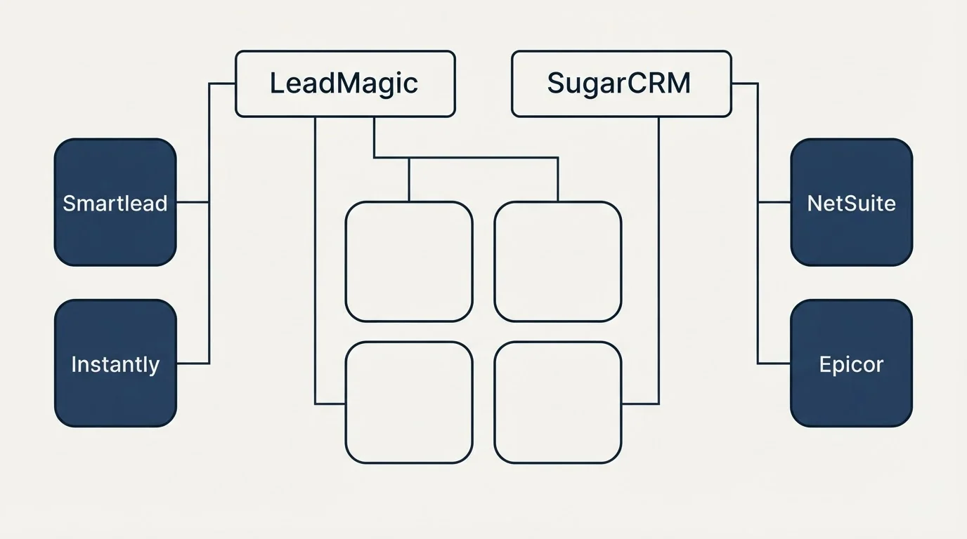 Integration grid: Integration Ecosystem (LeadMagic, SugarCRM, Smartlead, NetSuite)