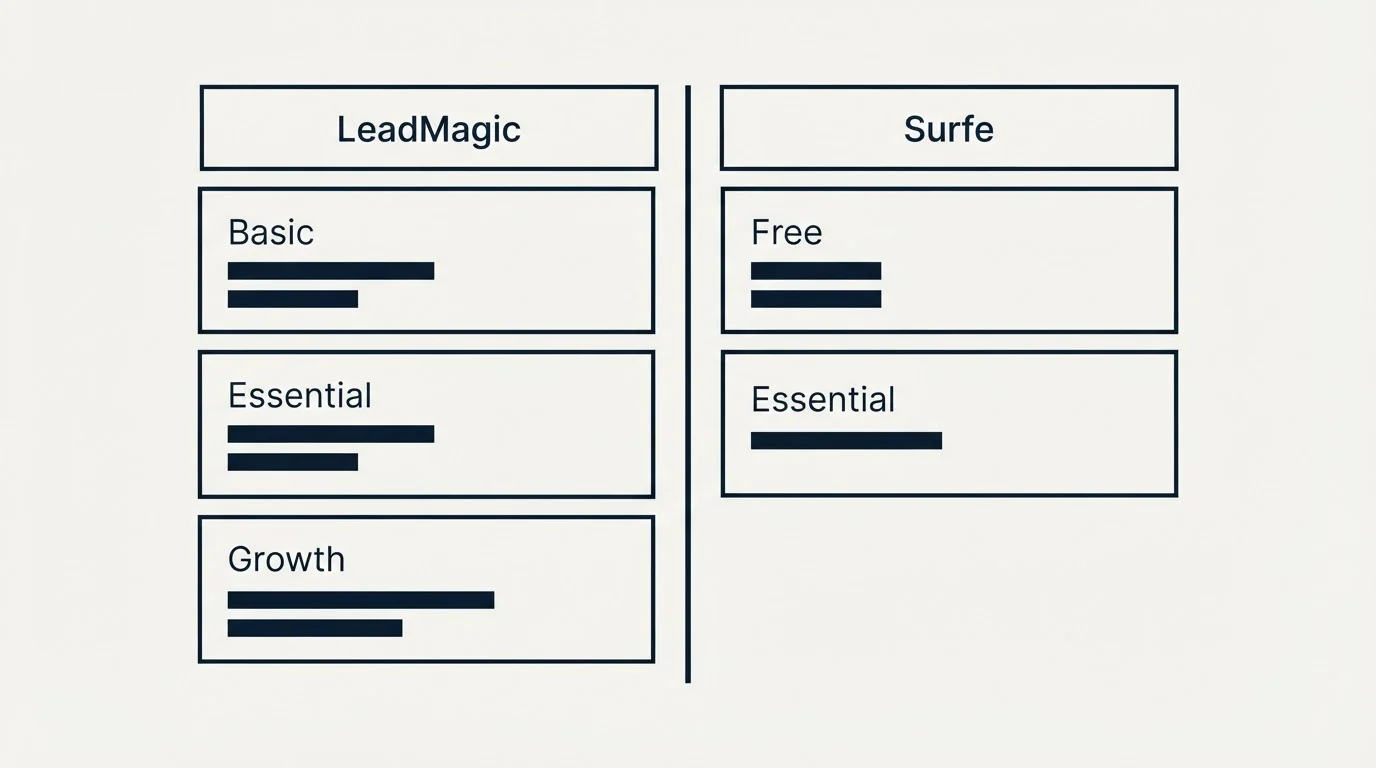 Pricing table: Pricing Comparison (LeadMagic, Surfe, Basic, Free)