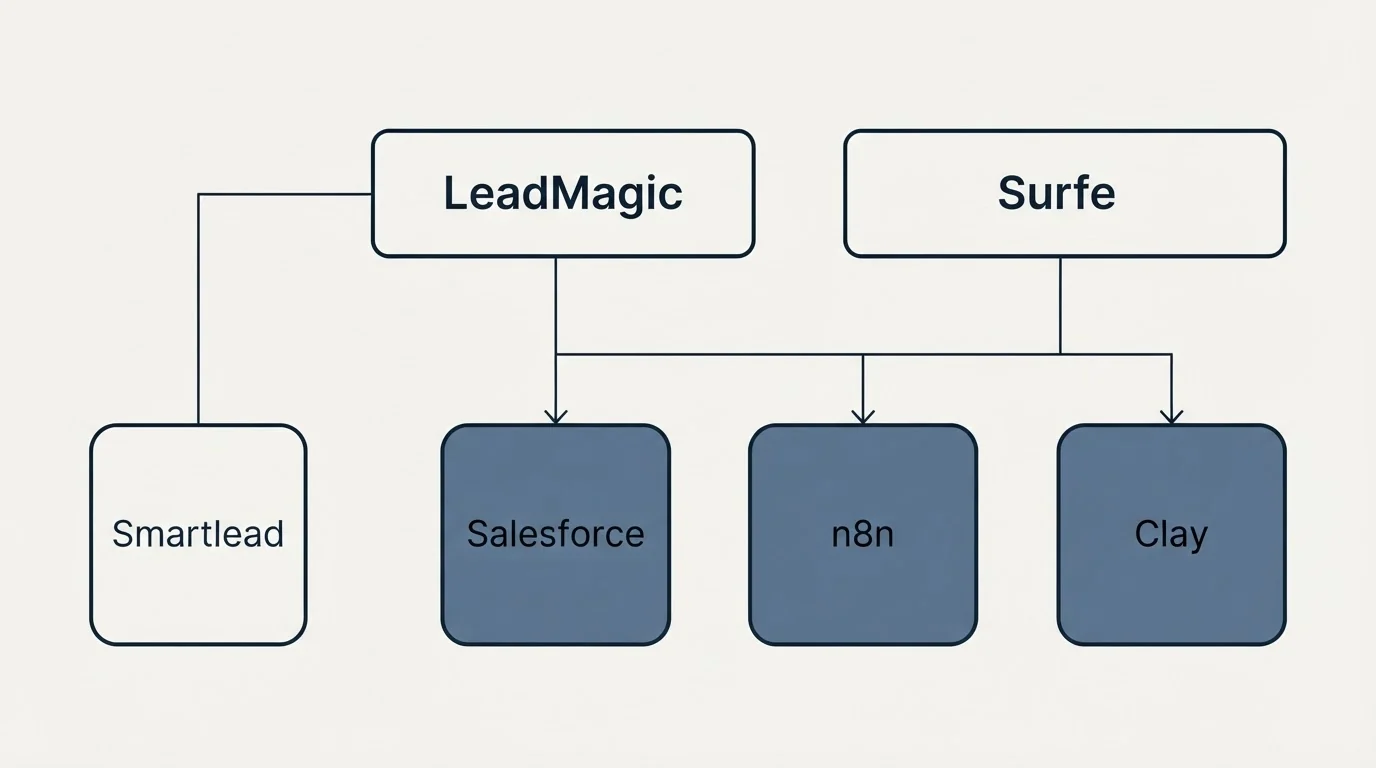 Integration grid: Integration Ecosystem (LeadMagic, Surfe, Salesforce, n8n)