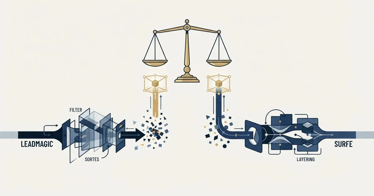Editorial illustration for LeadMagic vs Surfe