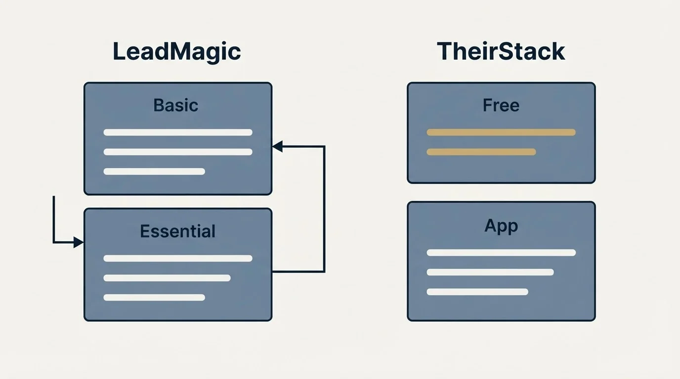 Pricing panels: Pricing Comparison (LeadMagic, TheirStack, Basic, Free)