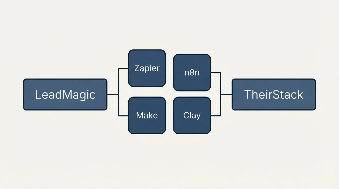 Integration schematic: Integration Ecosystem (LeadMagic, TheirStack, Zapier, n8n)