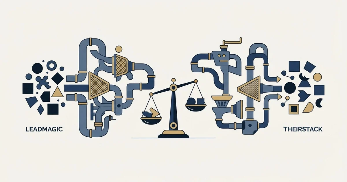 Editorial illustration for LeadMagic vs TheirStack