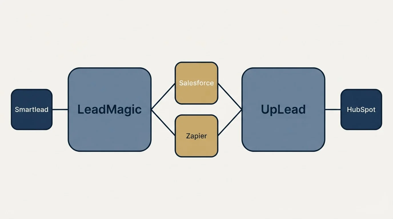 Integration schematic: Integration Ecosystem (LeadMagic, UpLead, Salesforce, Zapier)