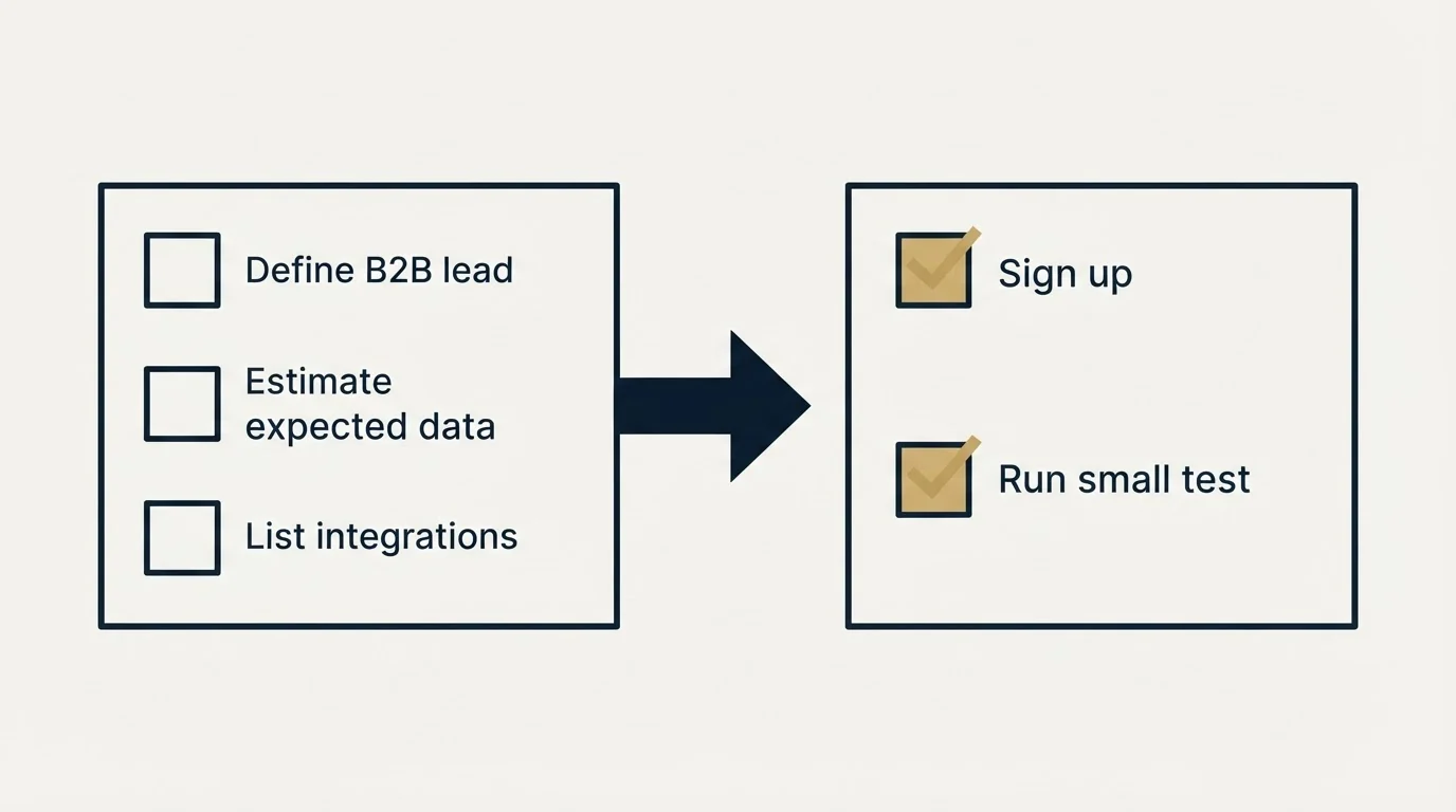Before-and-after steps: Getting Started Checklist (Define B2B lead, Estimate expected data, List integrations, Sign up)