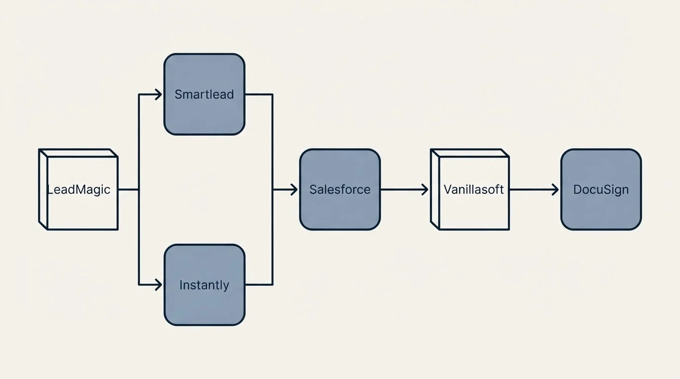 Integration flow: Integration Ecosystem (LeadMagic, Vanillasoft, Salesforce, Smartlead)