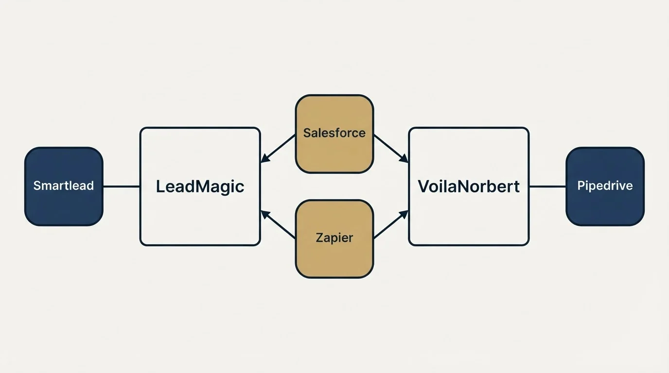 Integration schematic: Integration Ecosystem (LeadMagic, VoilaNorbert, Salesforce, Zapier)