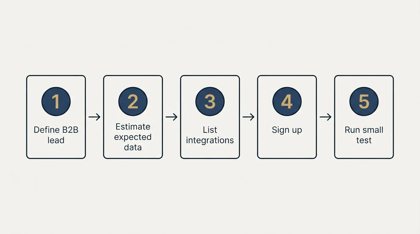 Step sequence: Getting Started Checklist (Define B2B lead, Estimate expected data, List integrations, Sign up)
