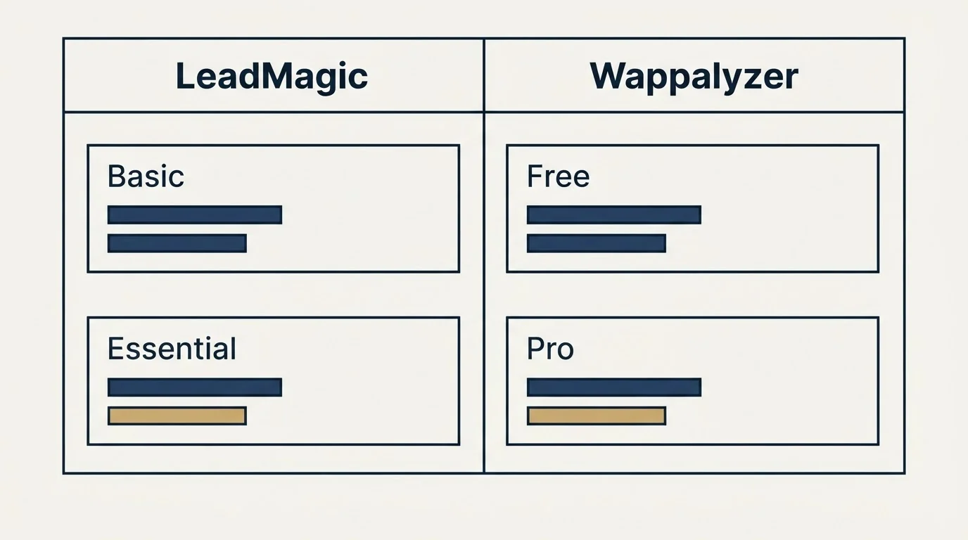 Pricing table: Pricing Comparison (LeadMagic, Wappalyzer, Basic, Free)