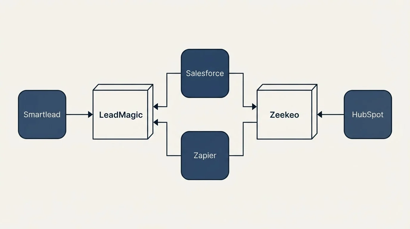 Integration flow: Integration Ecosystem (LeadMagic, Zeekeo, Salesforce, Zapier)