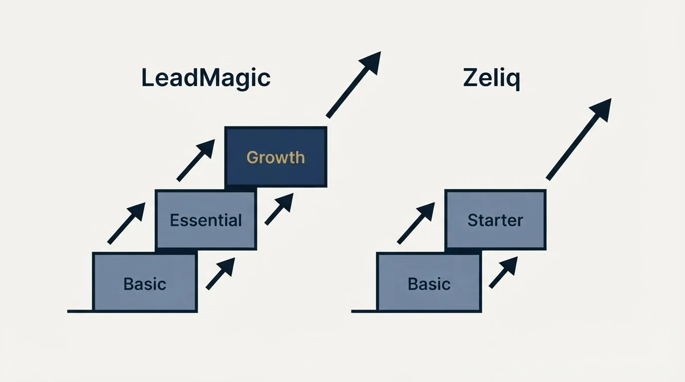 Pricing ladder: Pricing Comparison (LeadMagic, Zeliq, Basic, Essential)