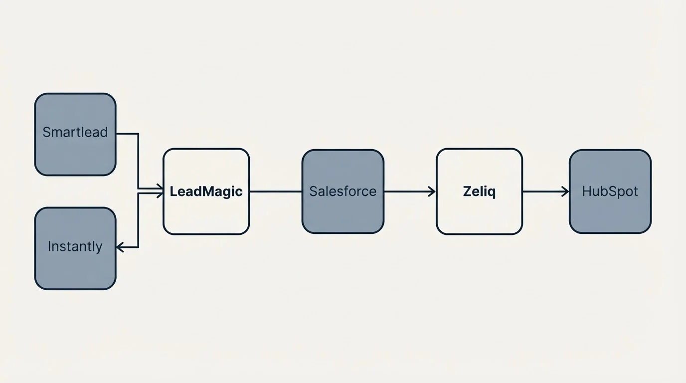 Integration schematic: Integration Ecosystem (LeadMagic, Zeliq, Salesforce, Smartlead)