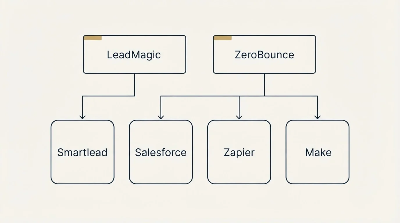 Integration grid: Integration Ecosystem (LeadMagic, ZeroBounce, Salesforce, Zapier)