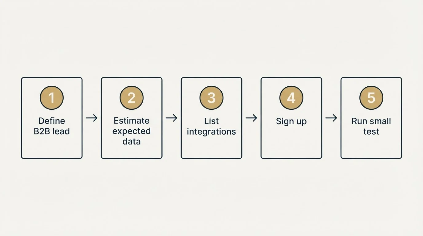 Step sequence: Getting Started Checklist (Define B2B lead, Estimate expected data, List integrations, Sign up)