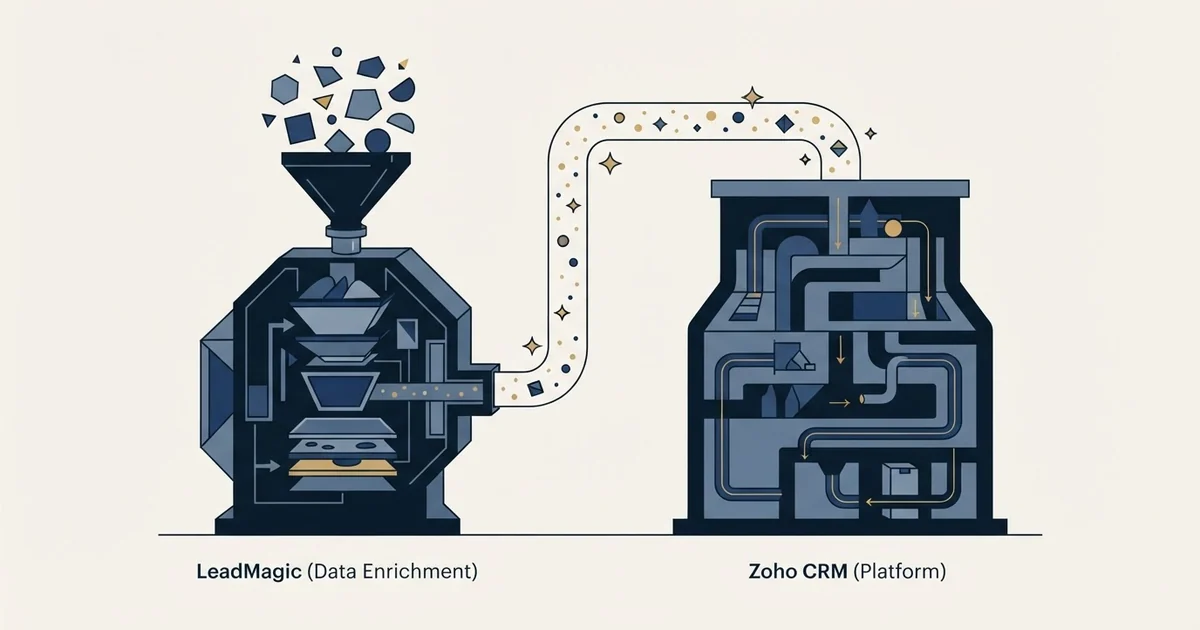 Editorial illustration for LeadMagic vs Zoho CRM
