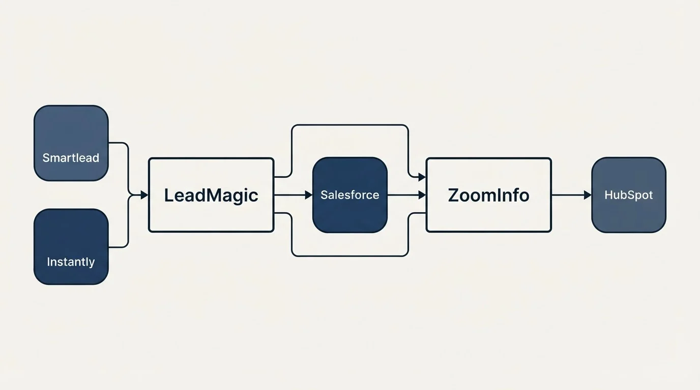 Integration schematic: Integration Ecosystem (LeadMagic, ZoomInfo, Salesforce, Smartlead)