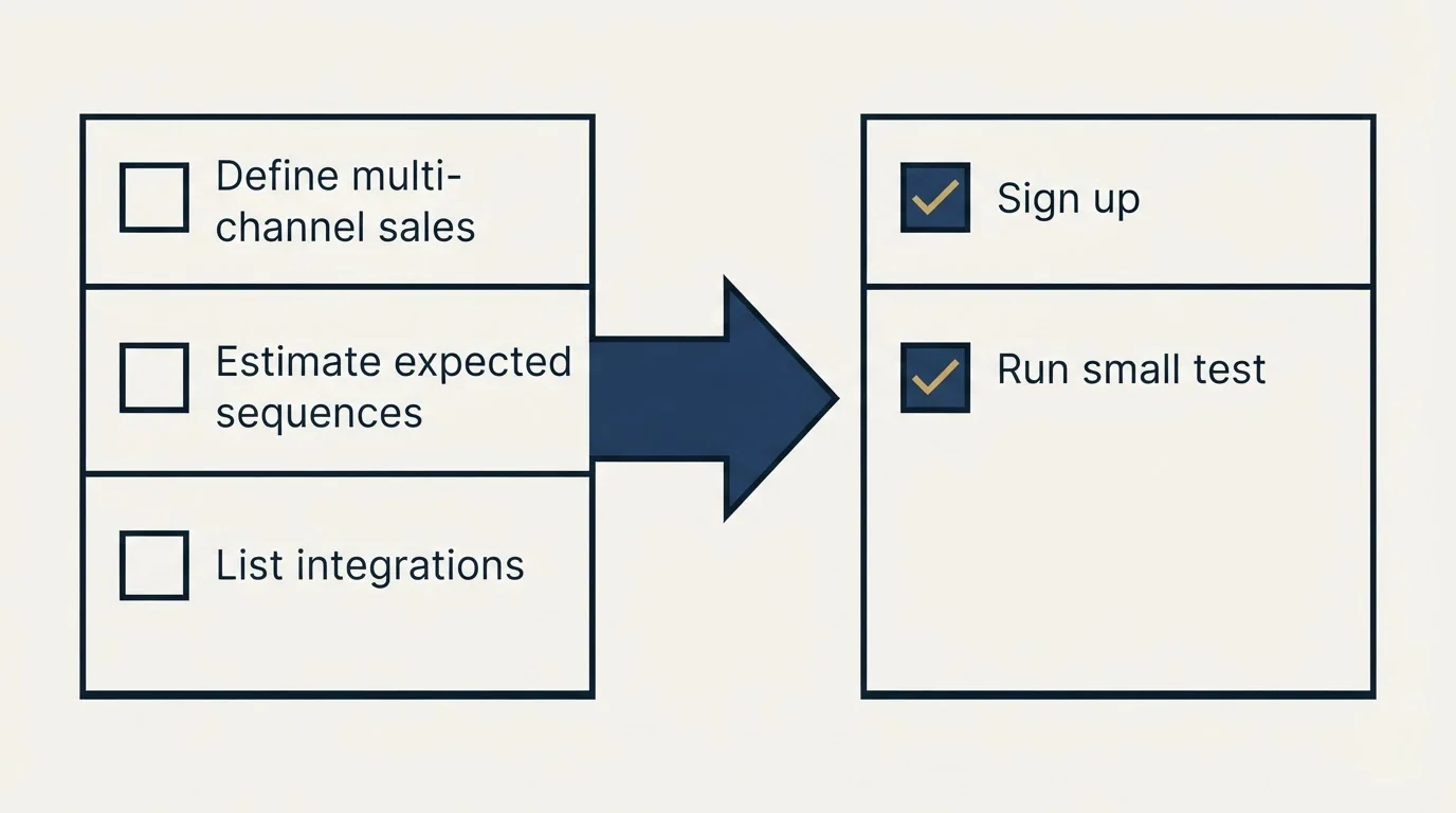 Before-and-after steps: Getting Started Checklist (Define multi-channel sales, Estimate expected sequences, List integrations, Sign up)