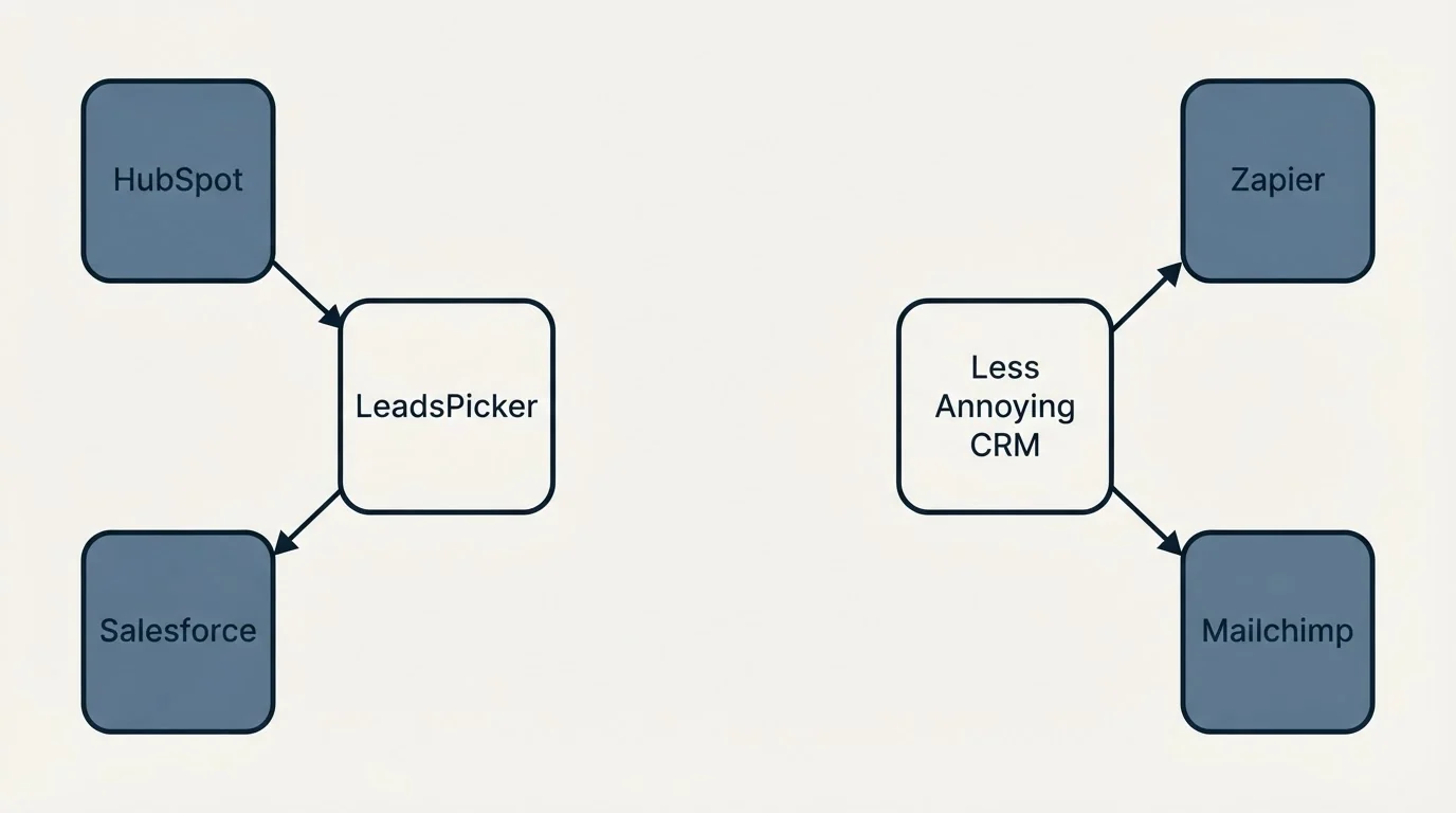 Integration schematic: Integration Ecosystem (LeadsPicker, Less Annoying CRM, HubSpot, Zapier)