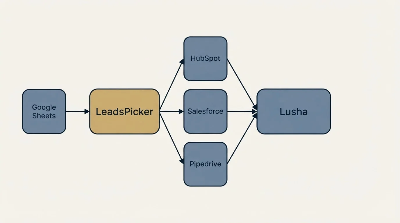 Integration schematic: Integration Ecosystem (LeadsPicker, Lusha, HubSpot, Salesforce)