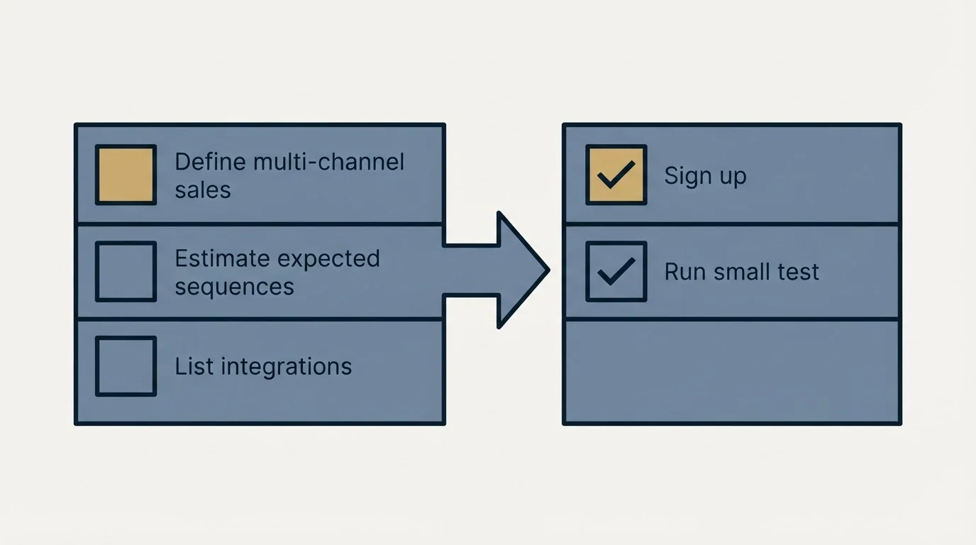 Before-and-after steps: Getting Started Checklist (Define multi-channel sales, Estimate expected sequences, List integrations, Sign up)