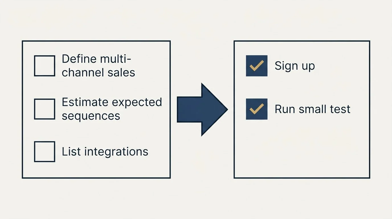 Before-and-after steps: Getting Started Checklist (Define multi-channel sales, Estimate expected sequences, List integrations, Sign up)